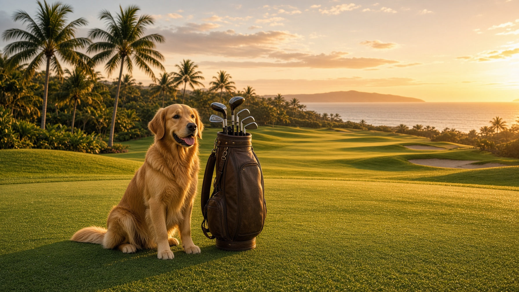 A golden retriever sitting on a golf green beside a leather bag at sunset