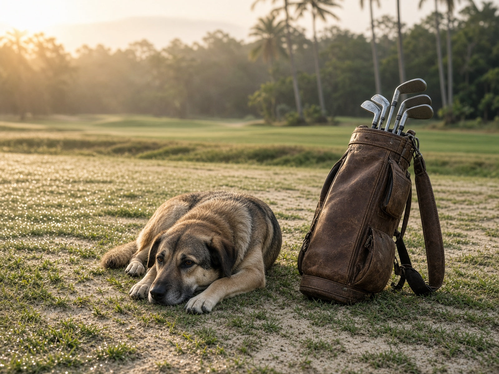 A rescue dog resting beside a golf bag on a dew-covered tee box
